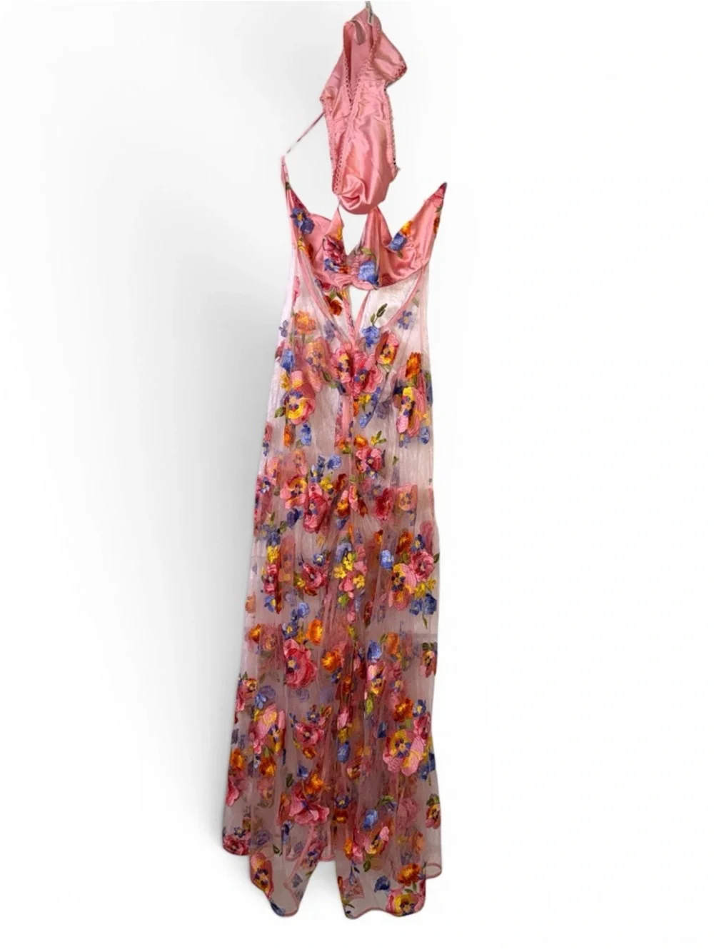 For Love & Lemons Pink Floral Maxi Dress with Multicolor Embroidery